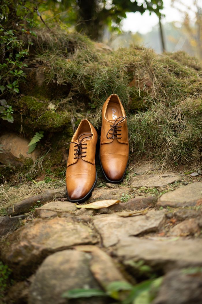 Elegant brown leather shoes placed on a rocky path outdoors, showcasing style and craftsmanship.